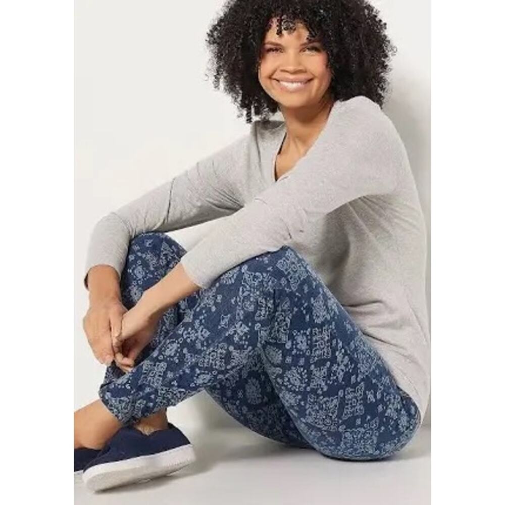 Denim and Co Printed Easy Stretch Regular Straight Jeans Blue Boho Women’s 14